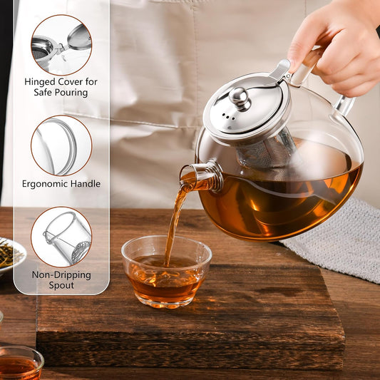 Ehugos Glass Teapot with Removable Infuser, 1300ml/44 oz Stovetop Safe Hand Crafted Clear tea kettle for Loose Leaf Tea, Hot/Iced Water, Juice Beverage