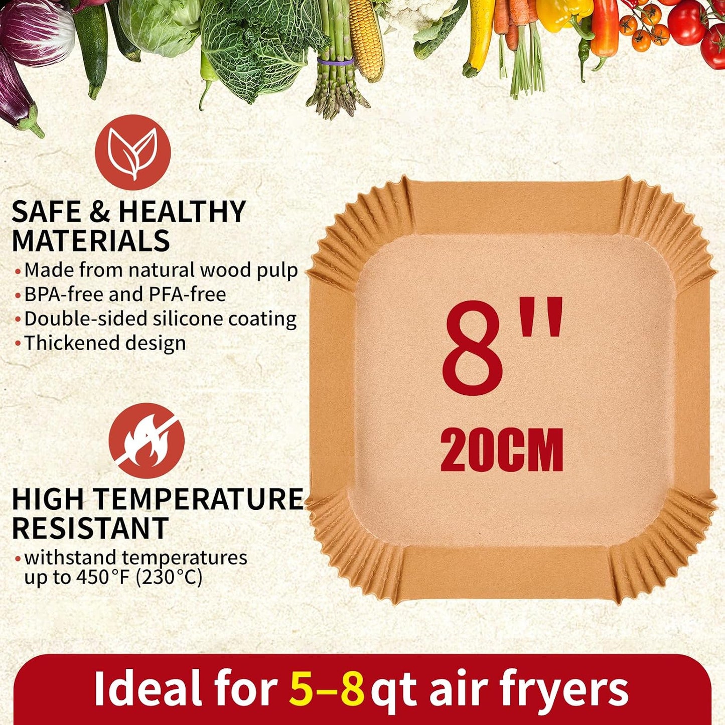 40GSM Air Fryer Liners, 6.5 Inch Air Fryer Liners Disposable, Unbleached Paper For 3-5Qt, Raw Wood Pulp, Double-Sided Silicone, For Health-Conscious Cooks & Busy Families, Square 100pcs