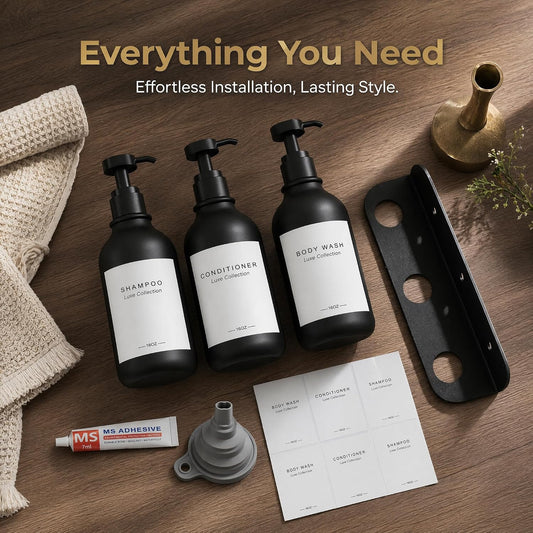 Refillable Shampoo and Conditioner Shower Dispenser Set of 3 - Wall Mounted | 3 Chamber Dispensers for Bathroom. No Drill Pump with Bottles for Soap and Body Wash. Matte Black Bottle with Labels (16oz)