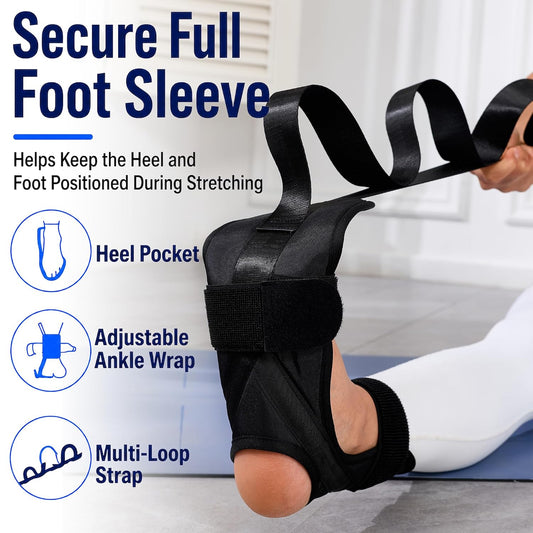 Foot and Calf Stretcher Strap for Plantar Fasciitis, Achilles and Hamstring | Secure padded foot sleeve with multi-loop strap stretches arches, toes, ankles and calves for PT, yoga, runners and heel pain