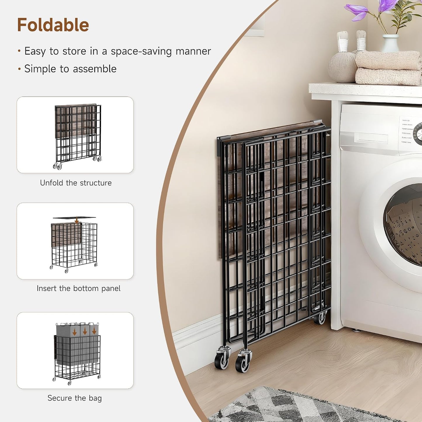 90L Laundry Basket with Wheels, Large Capacity Laundry Hamper with Removable Liner Bags, Heavy Duty Laundry Sorter with Solid Wood Lid & Leather Handles, Grey