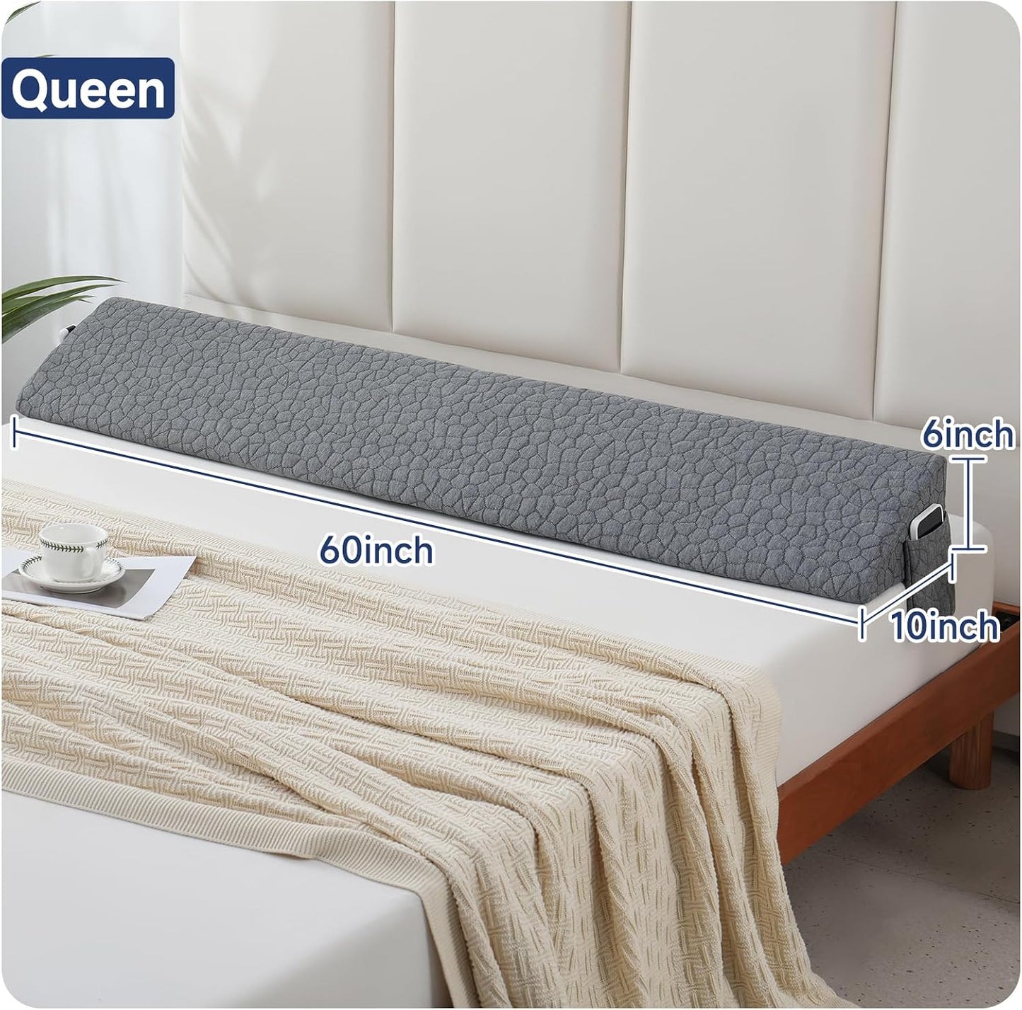 Patented Bed Wedge Pillow for Headboard Gap, Filler Between Mattress Gaps (0-7"), Comfortable Supportive High Density Cushioned Foam Pillows, Stay in Place Gripping Dots, King Soft Gray (76"x10"x6")