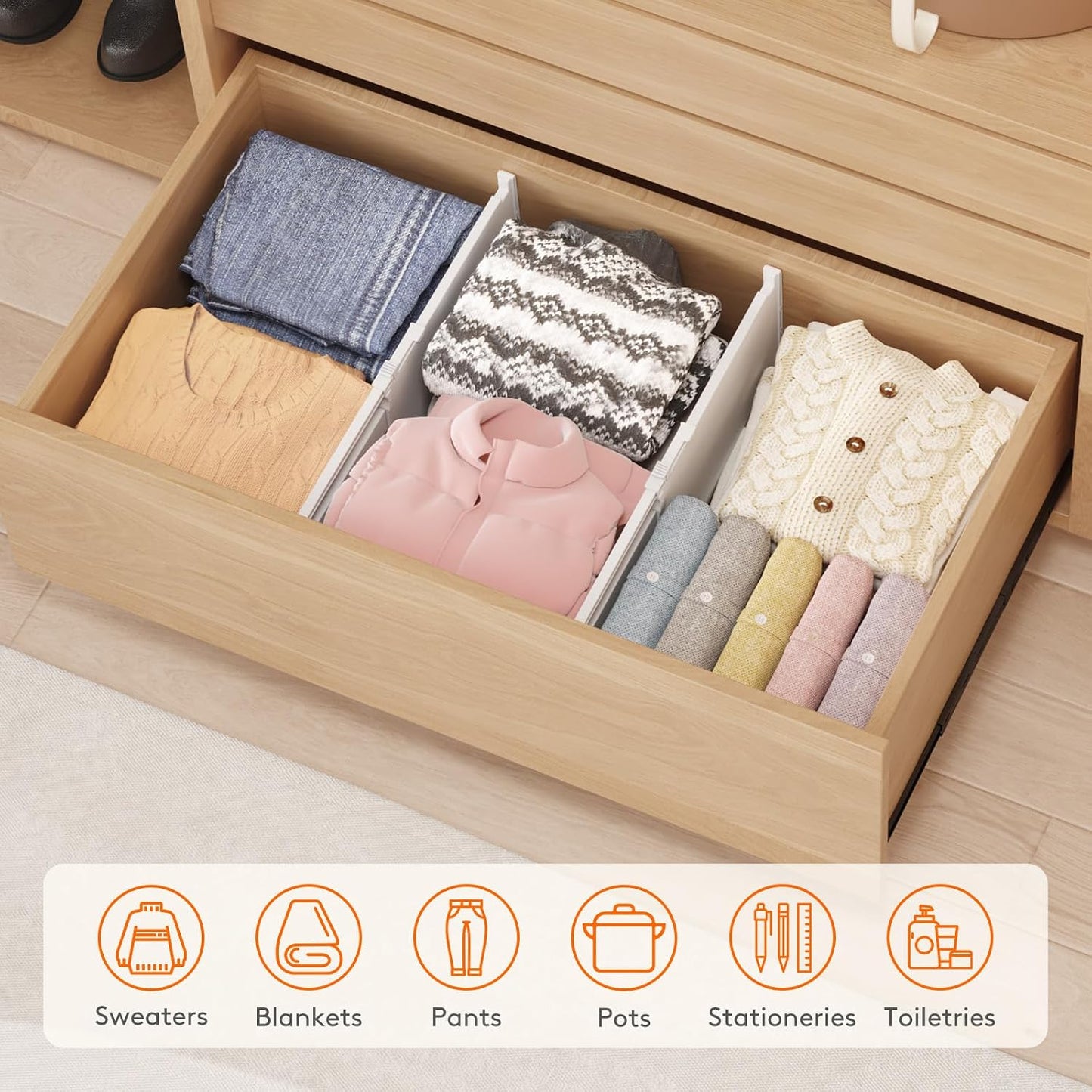 Lifewit 8" Tall Drawer Dividers, Adjustable Deep Drawer Organizer Clothes | 4 Pack 13.8"-22.2" Expandable White Plastic Separators for Dresser, Kitchen, Cabinet, Closet, Office Organization & Storage