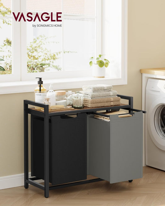 VASAGLE Laundry Hamper, Laundry Basket Sorter with 3 Pull-Out and Removable Bags, Shelf, Metal Frame, 3 x 10.6 Gallons (40 L), 36.4 x 13 x 28.4 Inches, Cappuccino Beige and Natural Beige UBLH301LH01