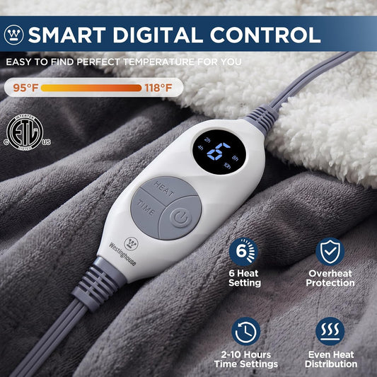 Westinghouse Heated Throw Blanket, 50"x60", Charcoal, ETL Certified