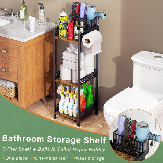 Bathroom Organizers and Storage Shelf with Toilet Paper Holder | 3-Tier freestanding 9.85″ narrow bathroom storage rack, With 3-compartment basket, hooks and non-slip feet, Rustic farmhouse