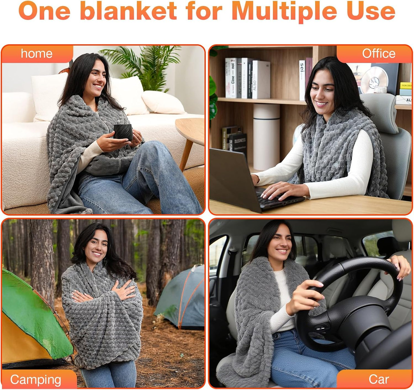 Cordless Battery Operated Heated Blanket, Wearable Heating Throw for Car,Camping,Office Warm Gift Machine Washable Super Cozy Soft Blanket with 10000 mAh Battery Pack 3 Heating Levels 63" X 35"