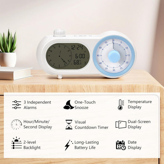 Lumuasky Digital Alarm Clock Visual Timer Silent Night Light with 60-Minute Countdown & 199-Day Count-Up, 3 Alarms, Snooze, Temperature Date Management Clock for Classroom, Home, Study (Blue)