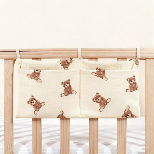 Baby Bedside Hanging Storage Bag Muslin Cotton Teddy Bear, Crib Diaper Caddy Organizer 2 Pockets, Nappy-Dormitory Nursery Organization Holder for Cribs, Playard or Wall Milk Bottle Bib Organizing