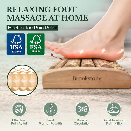 Brookstone Foot Massager Roller Plantar Fasciitis Pain Relief - Wooden Under Desk Feet Massage - Dual Manual Heel Massagers - Wood Rolling Acupressure Tool with Reflexology Guide - Gift for Men, Women