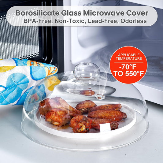 12 Inch Borosilicate Glass Light Microwave Splatter Cover for Food | All Glass Tall Splatter Guard Microwave Plate Serving Dish Covers Lid with Handle for Heating Food