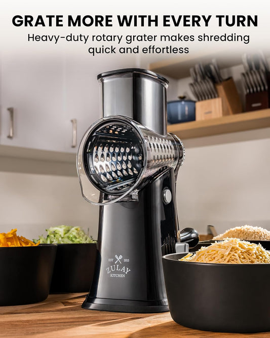 Zulay Kitchen Rotary Cheese Grater 5 Blade Cheese Shredder - Manual Hand Crank Cheese Grater With Reinforced Suction & 5 Interchangeable Drums - Easy to Use, Vegetable Chopper Round Mandoline Slicer - Colors A
