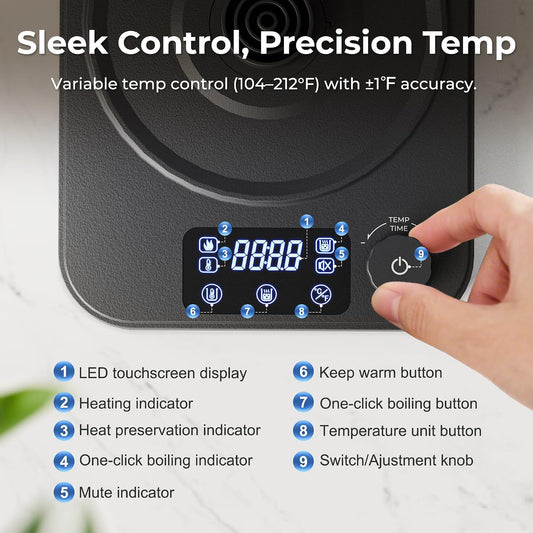 Gooseneck Electric Kettle, ±1°F Temperature Control Electric Kettle, 1.0L 1200W Fast Heating, 24H Keep Warm, 30Min Auto Memory, Food Grade Stainless Steel, Pour Over Kettle for Coffee and Tea
