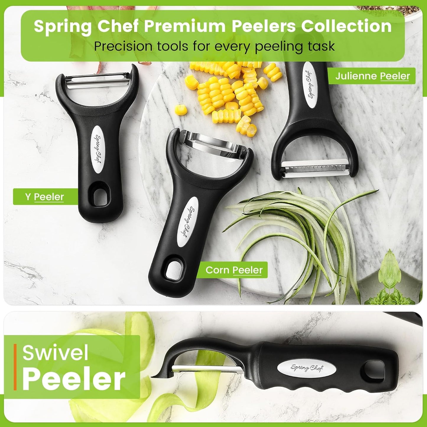 Spring Chef 3pcs Vegetable Peelers for Kitchen, Swivel, Y & Julienne Peeler | Premium Stainless Steel Potato Peelers with Soft Grip Handles, Ultra Sharp Blades for Fruits, Veggies, Apples, Carrots