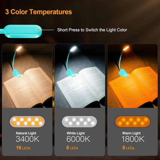 Gritin 16 LED Rechargeable Book Light for Reading in Bed | Eye Caring 3 Color Temperatures,Stepless Dimming Brightness,80 Hrs Runtime,Lightweight Flexible Clip on Light for Book Lovers