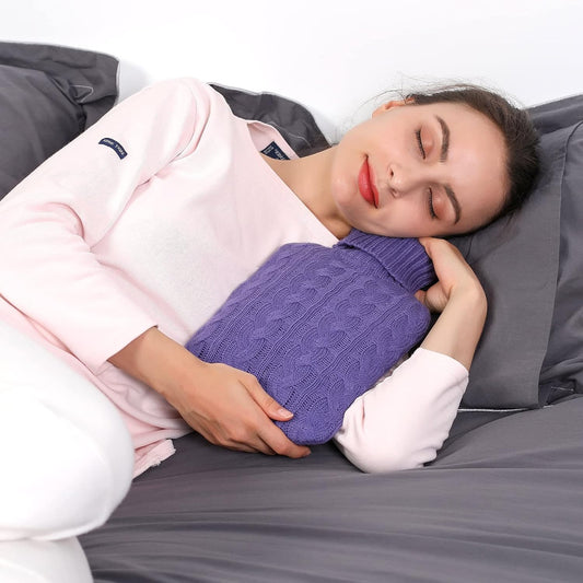 samply 2L Hot Water Bottle with Knitted Cover, Hot Water Bag, Purple