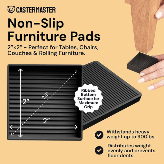 Non-Slip Furniture Pads - 4x4 in Brown, 4 Pack | Square rubber caster cups - anti-skid - Use for heavy sofas, beds & chairs on hardwood floors