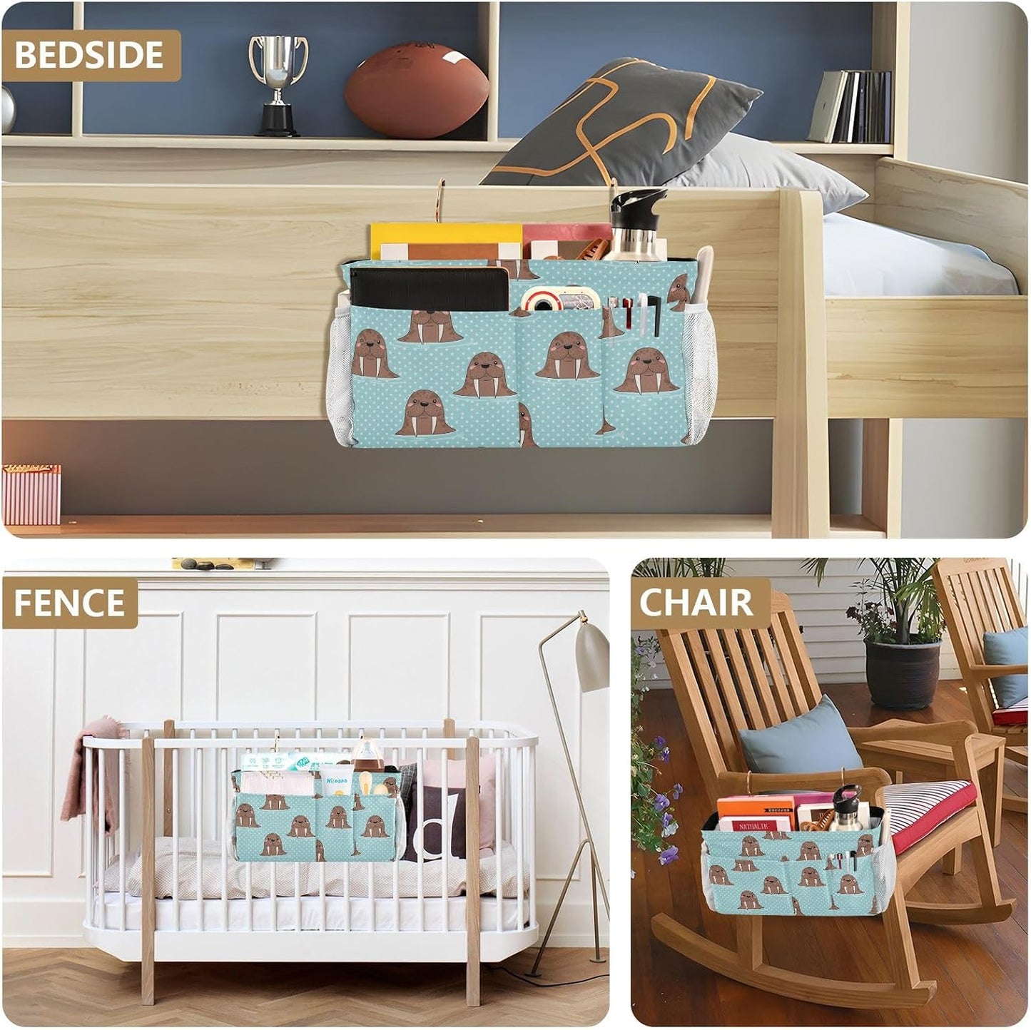Walrus Blue Print Bedside Caddy Storage Bag Bedside Organizer for Bed Rails College Dorm Room Organizer Caddy Hanging Shelf 6 Pockets with Hooks for Glasses Book Tablet Holder