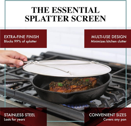 Splatter Screen for Frying Pan - 15 Inch Stainless Steel Grease Splatter Guard - Cover Oil Splash when Sizzling Bacon, Cooking Fried Chicken or Popcorn
