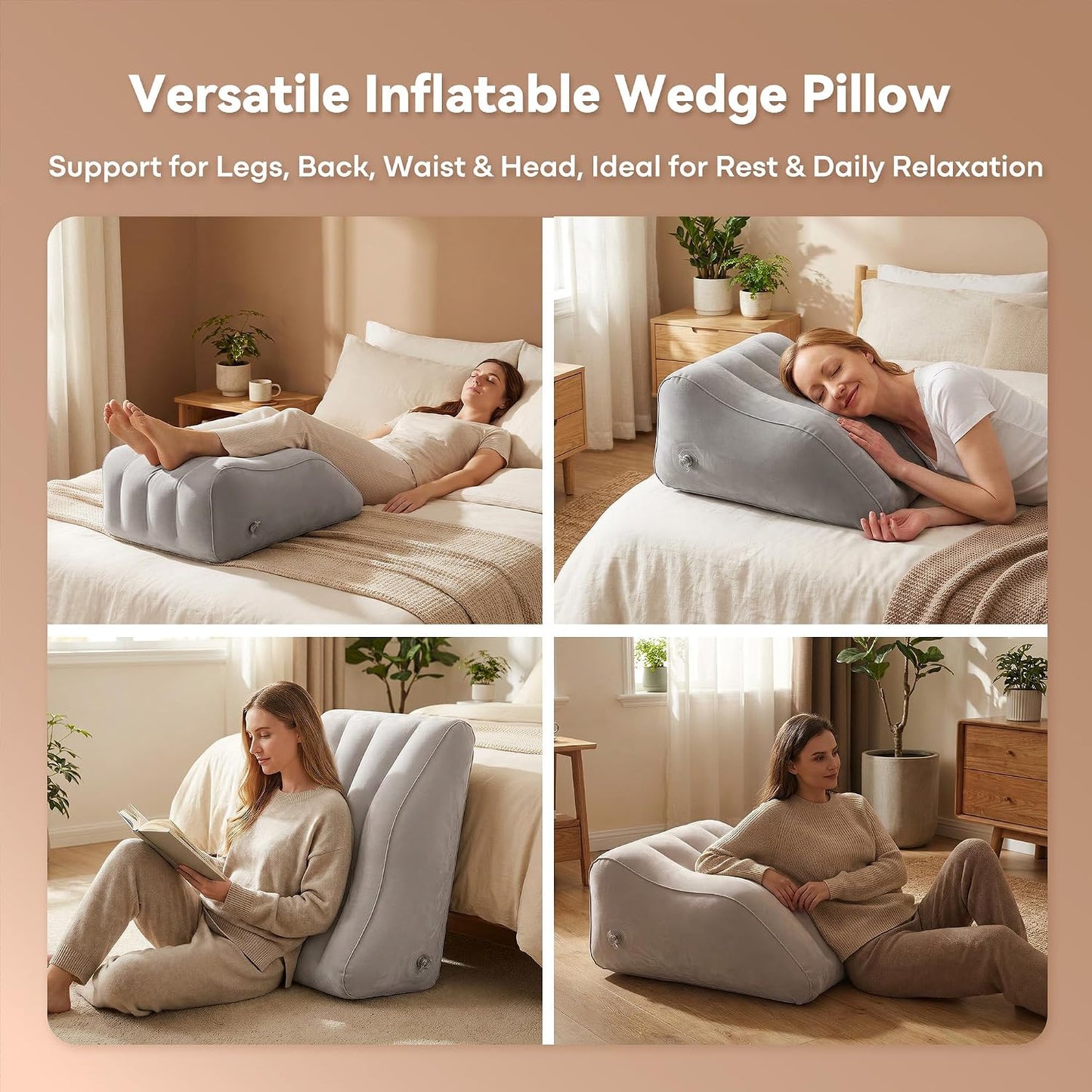Inflatable Leg Elevation Pillow for Sleeping, Blood Circulation | Gray Ergonomic Wedge Pillow for Swelling, Portable Travel Leg Rest Cushion