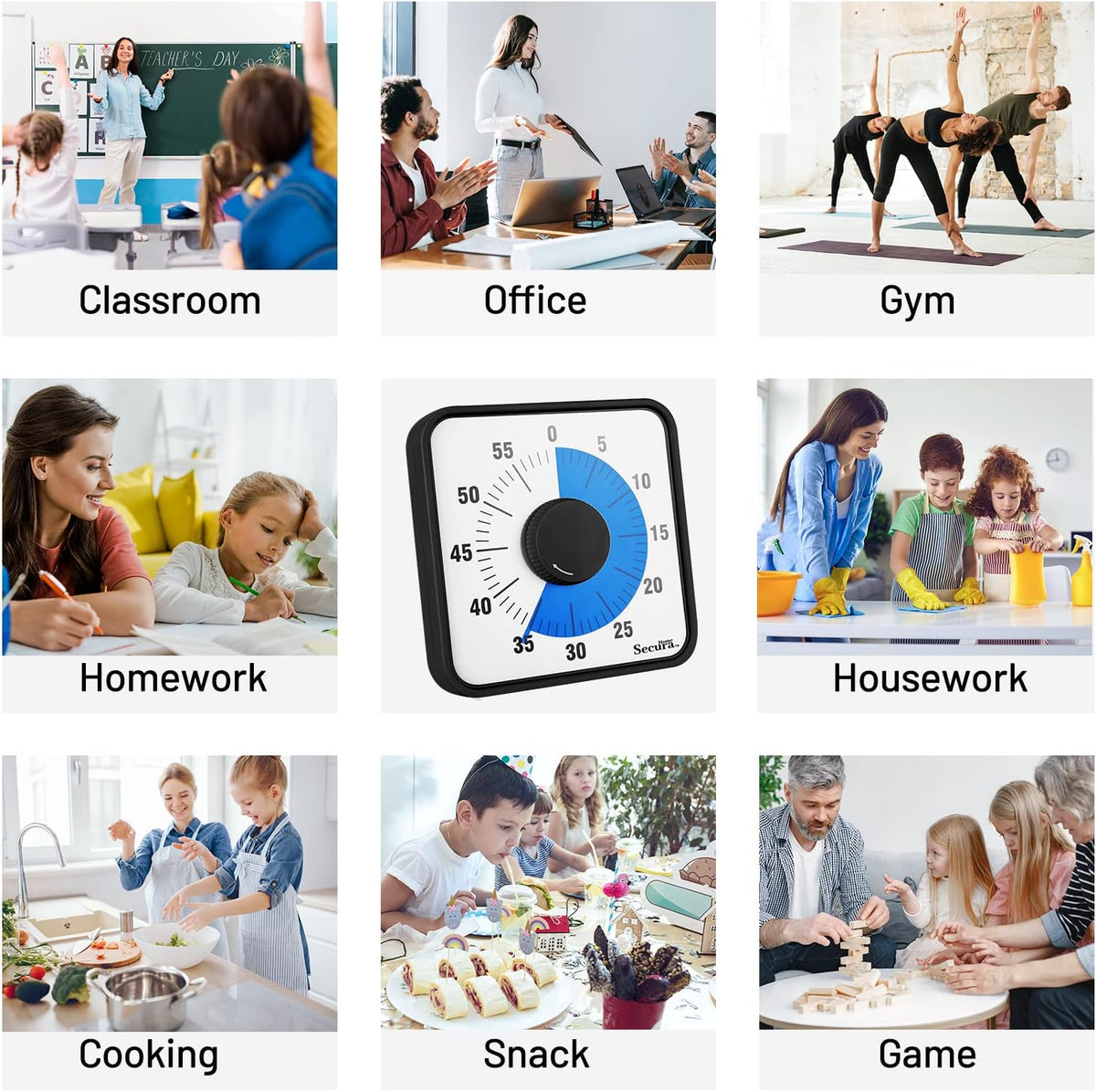 Secura Home 60-Minute Visual Timer, 7.5 Inch Oversize Countdown Timer Clock for Kids and Adults, Durable Mechanical Time Management Tool with Magnetic Backing (Sky Blue)