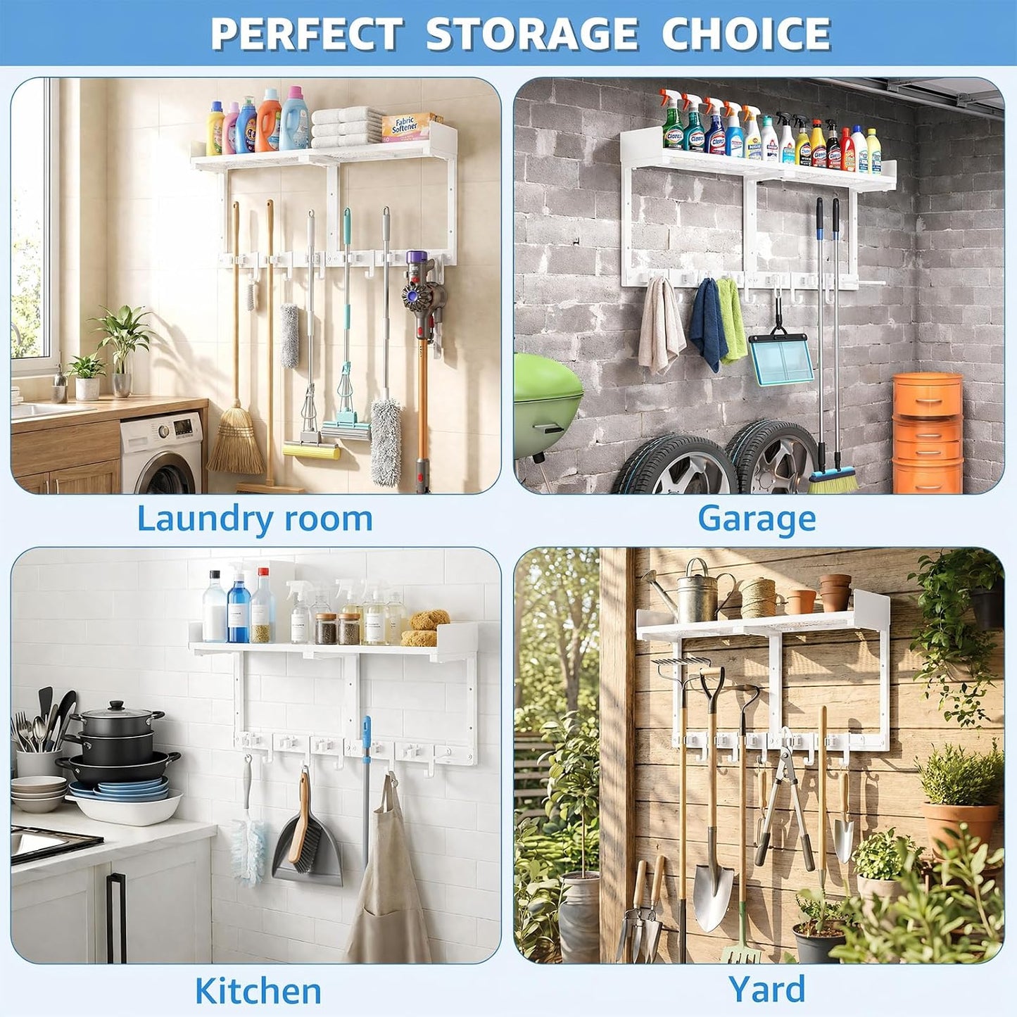 27" Mop and Broom Holder Wall Mount with Top Storage Shelf & Hooks,Black | Mop Hanger Wall Mount, 5 Grippers, 5 Hooks, Wall Organizer For Laundry Room, Garage And Kitchen