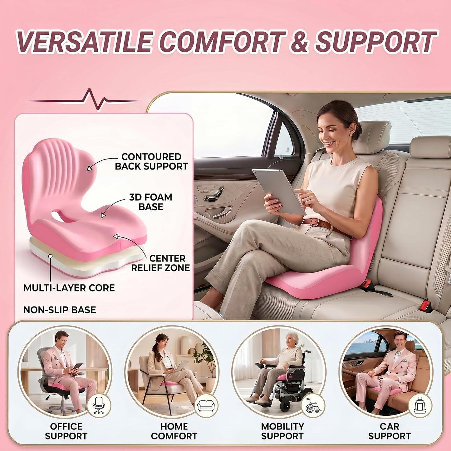 Ergonomic Seat Memory Foam Support Cushion for Back, Car Seat Back Support Cushion for Sciatica Tailbone Pain, Office Desk Chair Car Travel Seat Cushion (Pink)