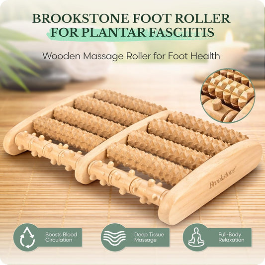Brookstone Foot Massager Roller Plantar Fasciitis Pain Relief - Wooden Under Desk Feet Massage - Dual Manual Heel Massagers - Wood Rolling Acupressure Tool with Reflexology Guide - Gift for Men, Women