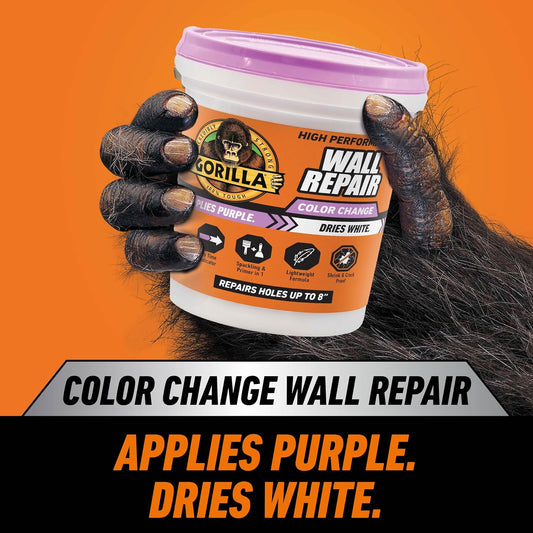 Gorilla High Performance Wall Repair, 16 oz Tub, Color Change Formula | Applies Purple, Dries White, Shrink & Crack Resistant, Spackling and Primer in One, Heavy-Duty Indoor and Outdoor Use