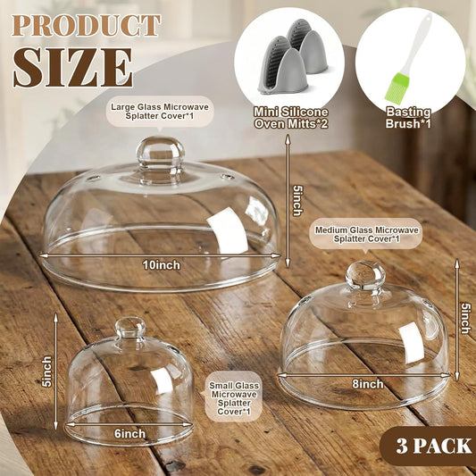 3 Sizes Glass Microwave Splatter Cover for Food, 6/8/10 Inch, Tall Splatter Guard with Basting Brush Oven Mitts Borosilicate Glass Non Toxic Non Plastic with Vent Hole for Food Dishwasher Safe