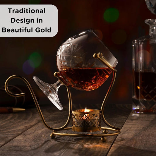 Brandy Warmer Stand Set - Cognac Brandy Snifter Warmer | Heater with Tea Light Holder and Metal Stand in Stunning Gold