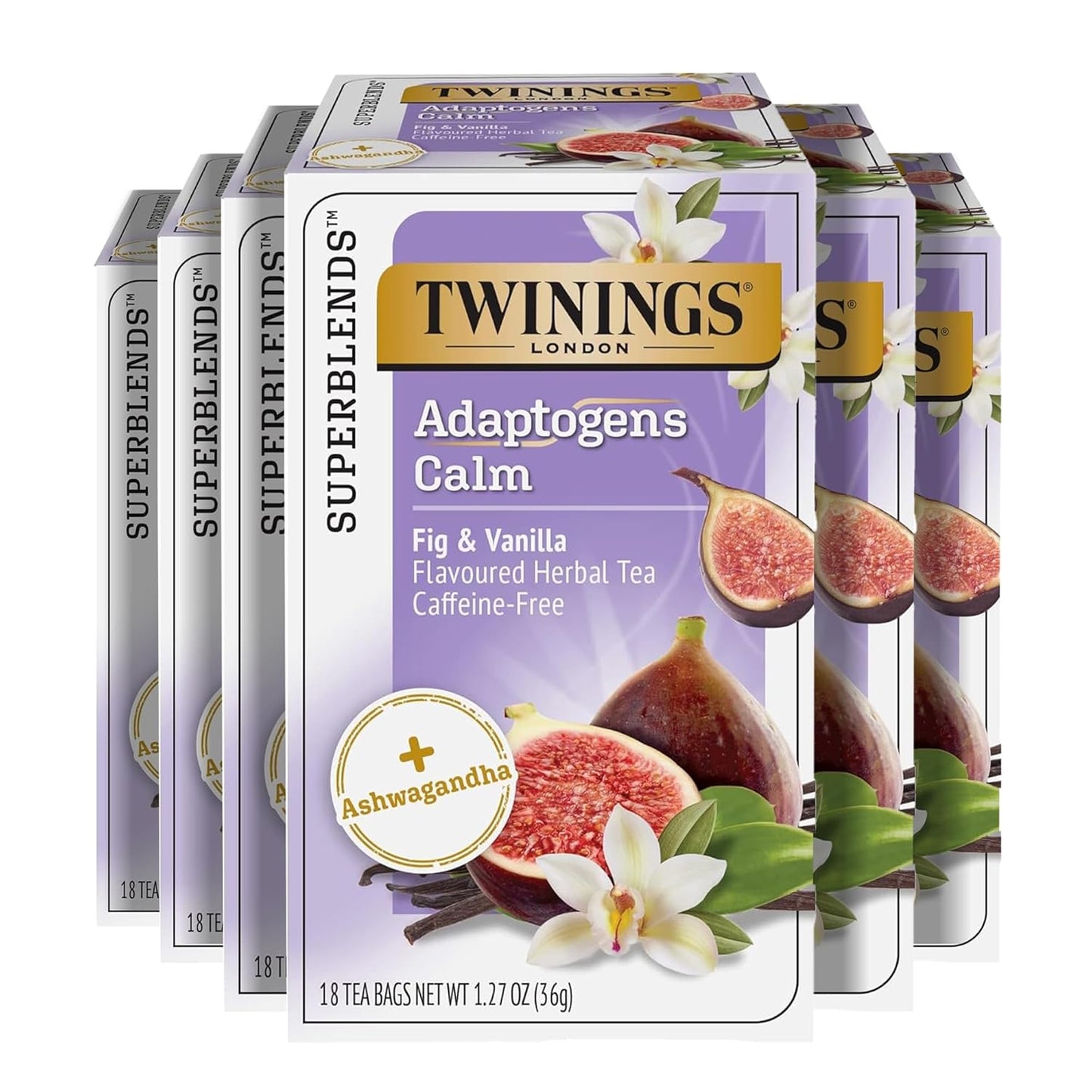 Twinings Superblends Adaptogens Calm with Ashwagandha Fig & Vanilla Flavoured Herbal Tea Caffeine-Free, 18 Tea Bags (Pack of 1), Enjoy Hot or Iced