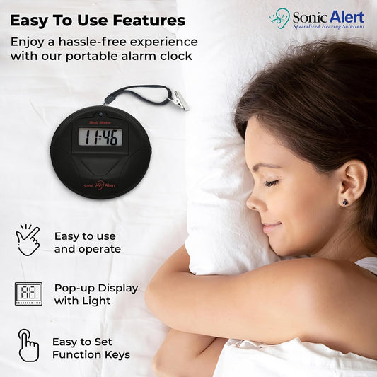 Sonic Alert Portable Loud Vibrating Alarm Clock, Black - SBP100B - Sonic Shaker Loud Vibrating Alarm Clock - Wake with a Shake