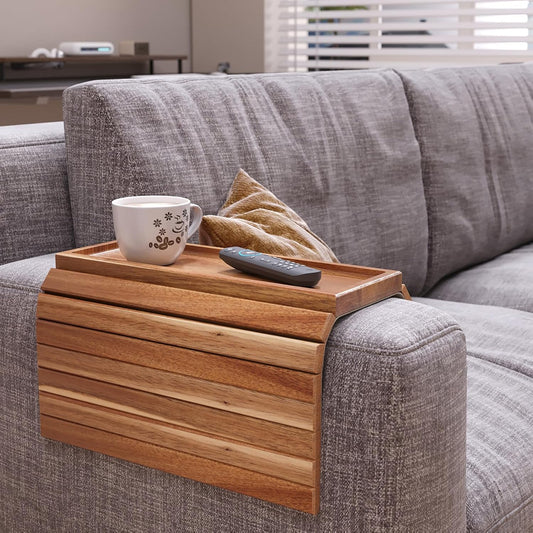 2 Pack Acacia Wood Folding Sofa Arm Tray with Anti-Slip Pad | Couch Armrest Tray,Foldable,for Drinks,Snacks,Phone,Remote Control,Space Saving Storage, No Assembly,Gift box