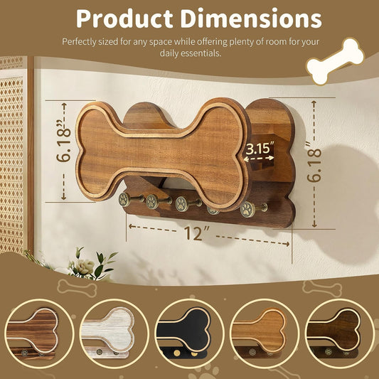 MTERSN Dog Leash Holder for Wall with Key Hooks for Dog Gear Storage, Brown | 3D Puppy Paw Hooks, Doggie Bone Shape, Key Rack with 5 Hooks, Wall Shelf for Treats & Dog Food, Ideal for Wall Decor