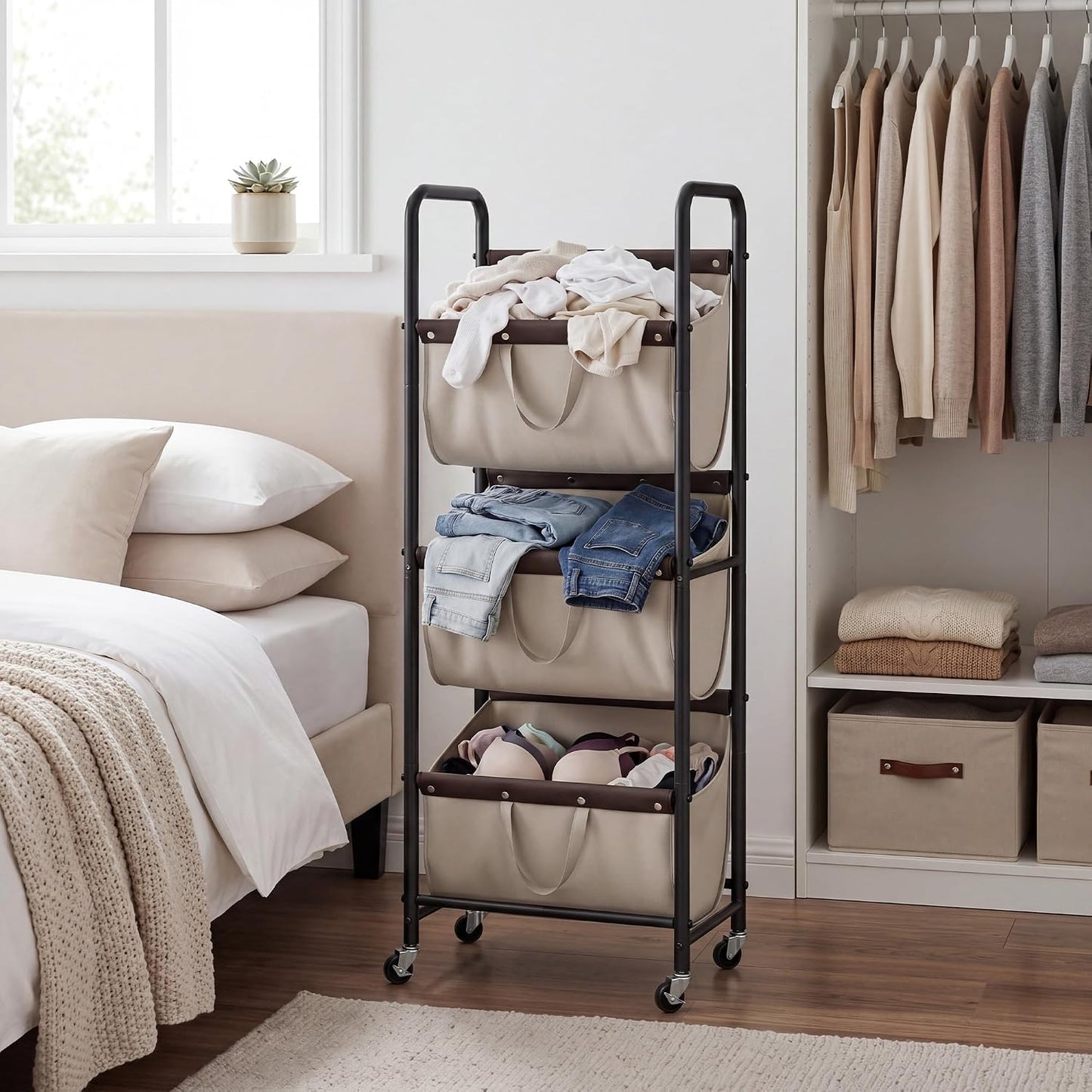 GRANNY SAYS 3 Tiered Laundry Sorter, Narrow Hamper Cart with Wheels | Sturdy 3 Section Laundry Basket with Wheels, Vertical Beige Hamper Cart for Bedroom, Bathroom, Apartment