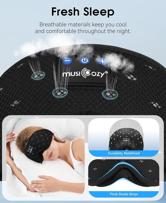 MUSICOZY Breathable Bluetooth Sleep Mask Headphones for Sleeping | Mesh Sleep Mask With Bluetooth 5.4 Audio, Soft Fabric And Comfortable Fit for Side Sleepers, Travel, Meditation and Rest