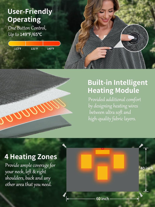 Heated Blanket Throw Battery Operated, Portable Wearable Heat Shawl Poncho | Cordless&Wearable,With 20000mAh Battery and 3 Heat Modes,Electric Heat Outdoor Camping Blanket for Stadium,Traveling,Picnics
