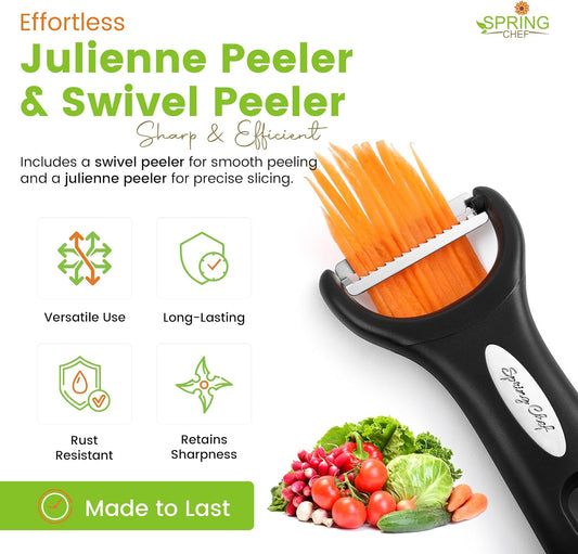 Spring Chef Swivel Potato Peeler & Julienne Vegetable Peeler w/Soft Handle | Premium Multifunctional Peelers for Kitchen with Sharp Stainless Steel Blades & Blade Covers, Dishwasher Safe Veggie Peelers