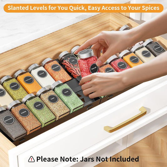 RCHYFEED 4 Pack Spice Drawer Organizer (Need 3.5" Deep Drawer) | Non-Slip Drawer Spice Rack Free Combination, Adjustable Spice Rack Drawer Insert, Spice Organization for Drawer