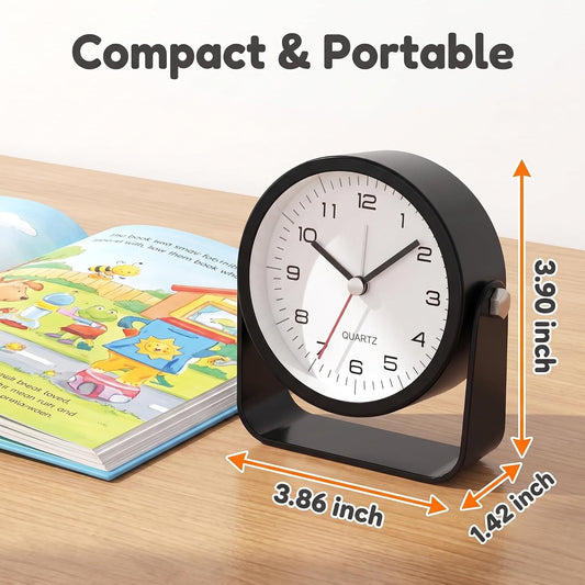Small Desk Alarm Clock for Kids, 3.5 Inch Battery Operated Analog Silent Clock with Adjustable Angle and Warm Night Light, Cute Vintage Metal Bedside Clock for Children's Room Boys Girls (orange)