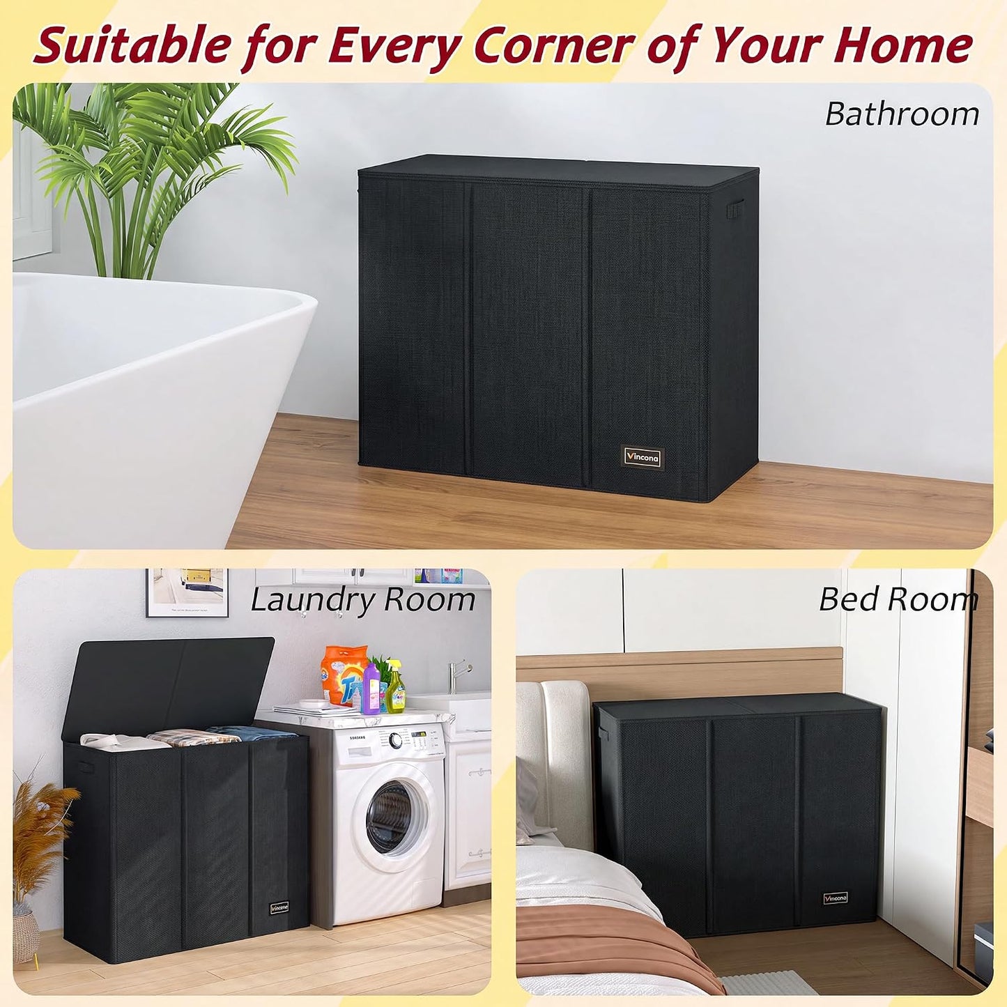 195L Laundry Hamper 3 Section,Large Laundry Hamper with Lid,Dirty Clothes Hamper with 3 Inner Bags,Collapsible Laundry Basket Organizer for Laundry Room,Bedroom,Laundry Sorter Hamper 3 Compartment
