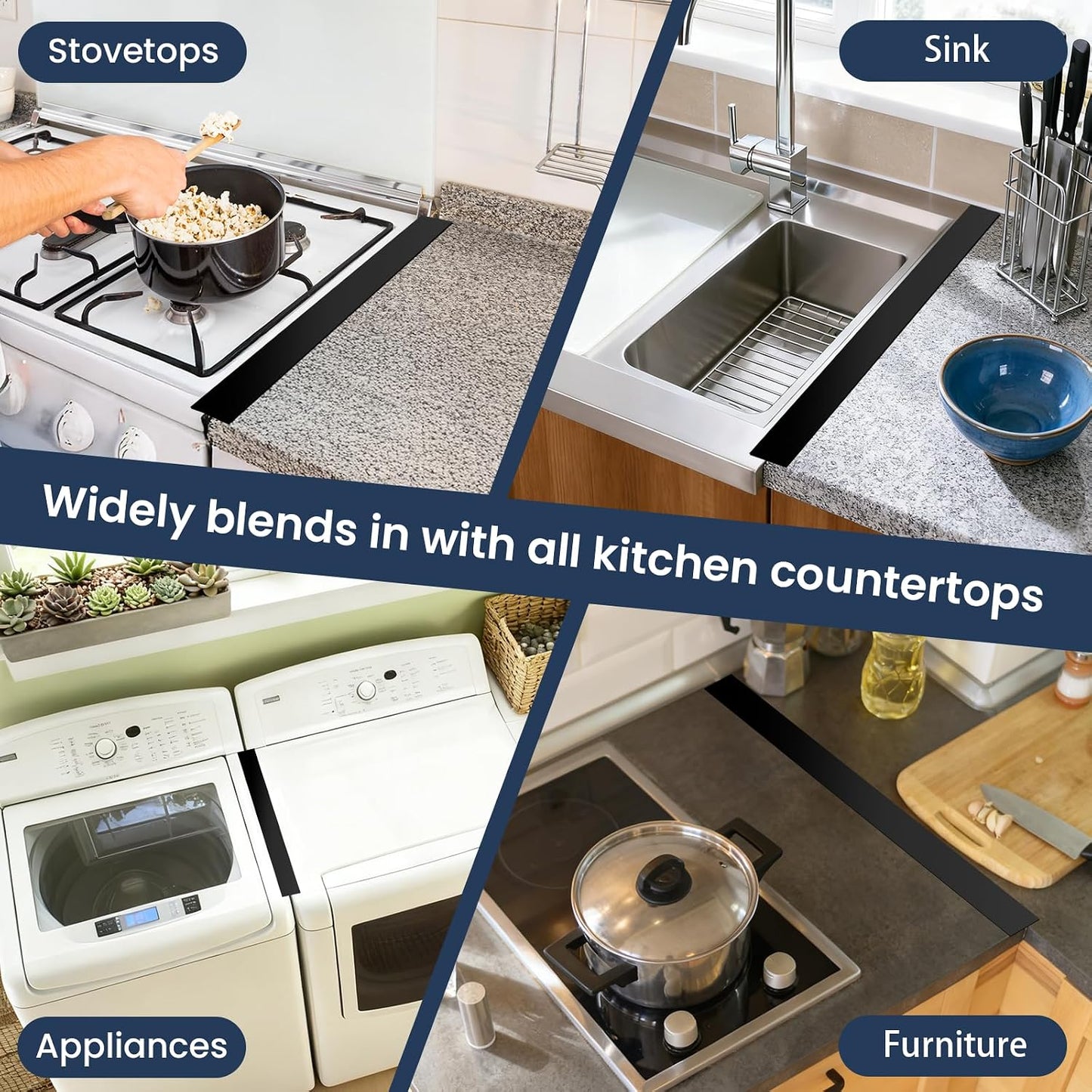 2PCS Kitchen Stove Counter Gap Covers Stainless Steel (13.8"-27.5" Black) | Cooktop Trim Kit, Stove Gap Guards, Oven Gap Filler, Easy to Clean, Heat Resistant & Effectively Protect Stove Gap Filler