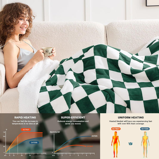 Heated Blanket Electric Throw 50X60 Heating Blanket with 10 Heating Levels 8 Hours Auto Off, Blue Plaid Sherpa Blankets Winter Warmer, Home Decor for Couch Bed Office,Gifts for Mom, Women,Washable