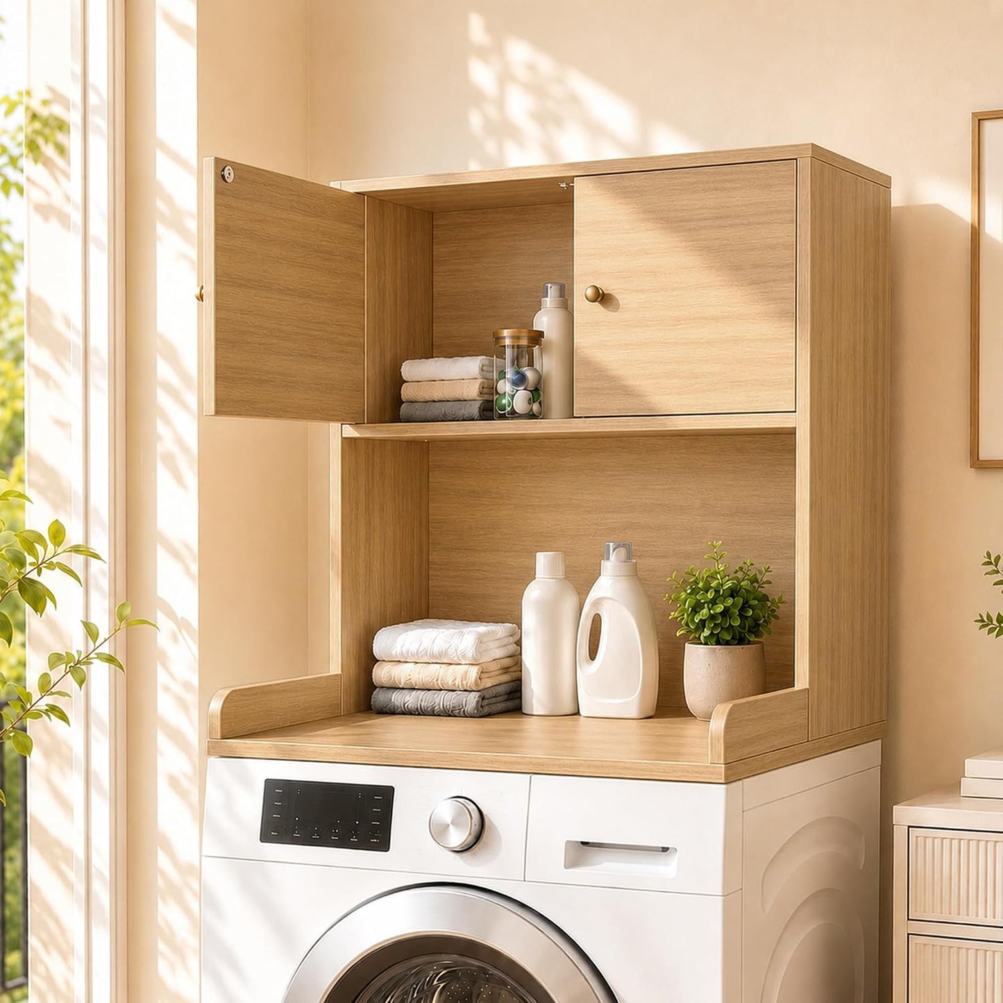Laundry Storage & Organization (Oak) | Washer and Dryer Topper with Edge, Over Washer and Dryer Shelves for Laundry Room, Universal Fit, 27.5"Wx27.5"Dx29"H