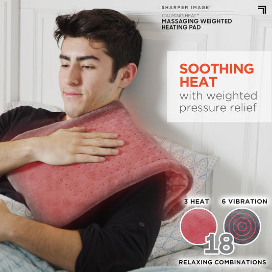 Calming Heat Massaging Vibrations Weighted Heating Pad by Sharper Image | Temperature Settings, Auto Shut-Off Feature, Gift for Holidays, Women & Men | 3 Heat, 6 Massage, 12” x 24”, 4 lbs