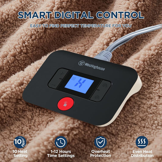 Westinghouse Electric Blanket Heated Throw, 6 Heat Settings, Grey | Soft Plush Sherpa Heated Blanket with 2-10 Hours Auto-Off, Machine Washable, 50x60"