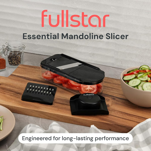 Fullstar Essential Mandoline Vegetable Slicer & Julienne Cutter | 2 in 1 Compact Fruit Cutter, Cucumber Slicer & Cheese Grater, with Stainless Steel Blades, Guard & 3-Cup Container (Black)