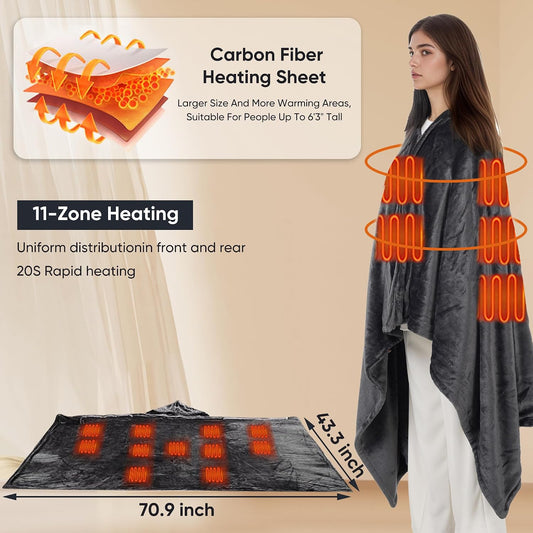 Cordless Wearable Heated Blanket Shawl, 71"x43" Flannel Electric Throw | 71"x43" Cordless Wearable Heated Blanket with Power Bank, 11 Heating Zones, 3 Heat Settings & 6H Timer for Ultimate Comfort