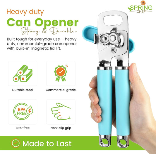 Spring Chef Stainless Steel Manual Can Opener w/Soft Grip Handle, Sapphire | Heavy Duty Hand Can Opener for Seniors with Smooth Edge, Easy Turn, 3in1 Can Opener with Magnetic Lid Remover & Bottle Opener